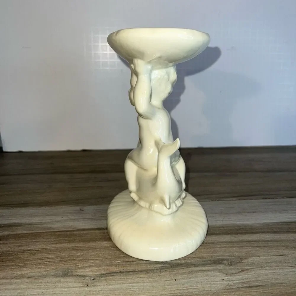 1973 Vintage Holland Mold Ceramic Signed Cherub on Dolphin Soap Dish Holder